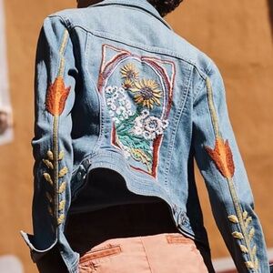 Anthropologie Pilcro Embroidered Denim Jacket SZ. S Boho Romantic Cottagecore